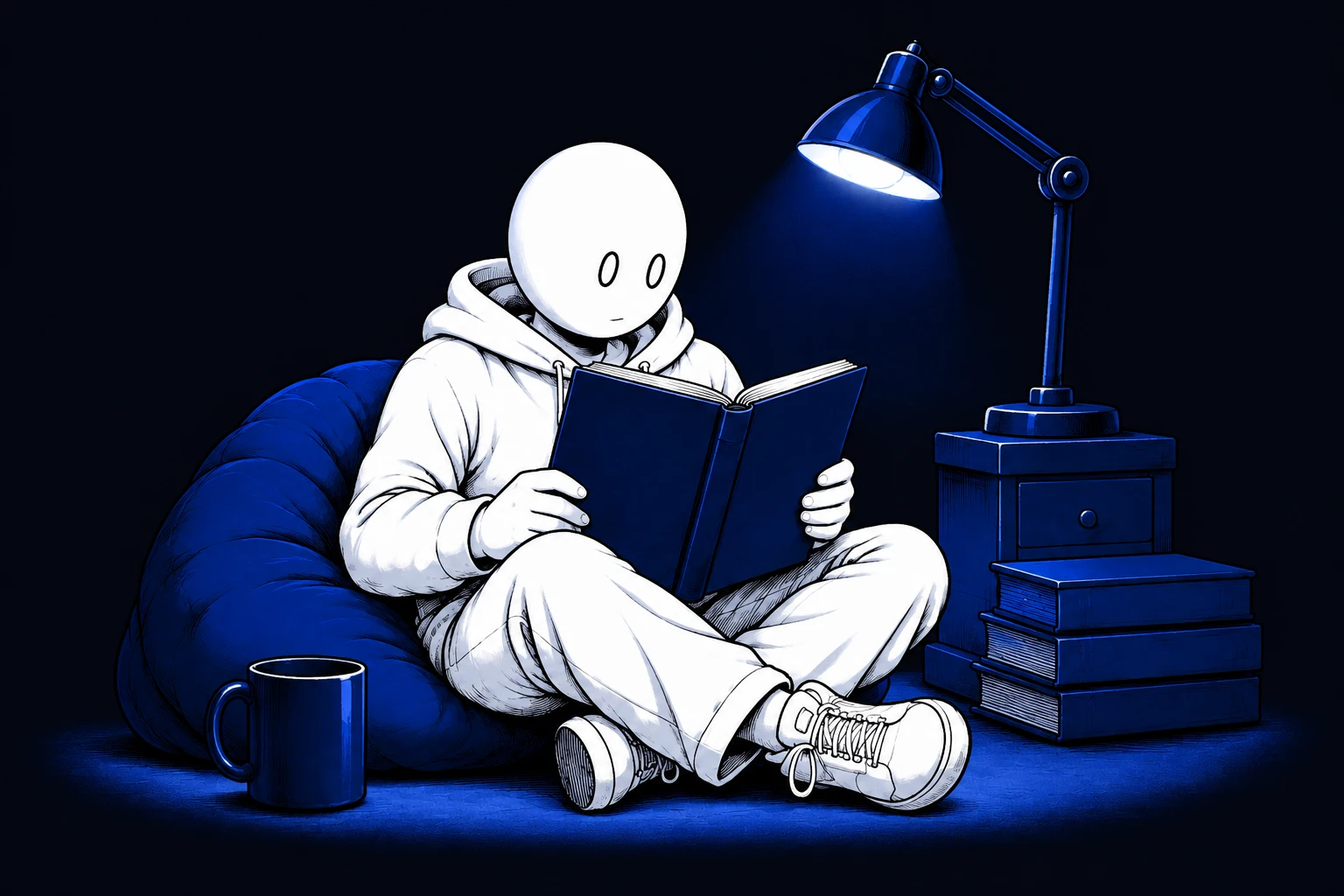 The Light Work mascot reading on a blue beanbag under a desk lamp.